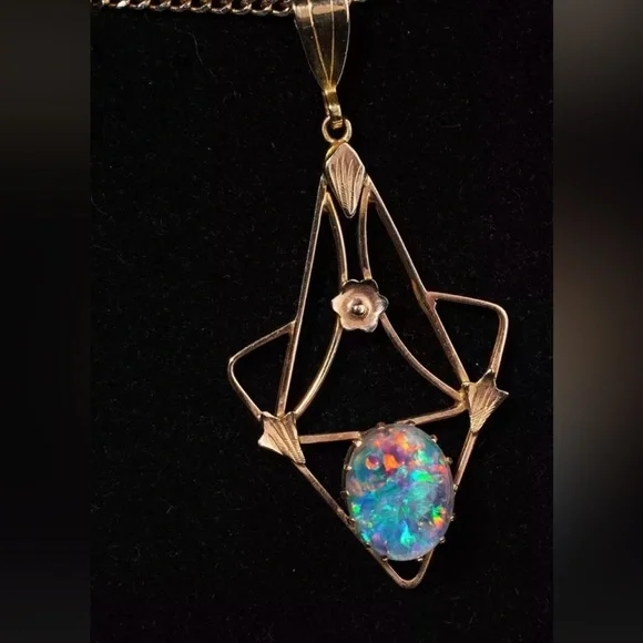 Antique Art Nouveau Australian Opal Triplet Lavaliere Pendant 9K Gold - Picture 7 of 15